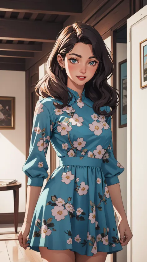 A woman in a vintage-inspired floral dress, her hair styled in loose waves, with a confident and radiant expression,cowboy shot, 
 masterpiece, best quality, intricate detail,