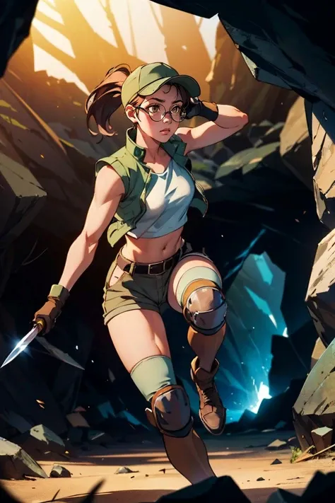 FioDef, baseball hat, glasses, green vest, brown hair, ponytail, brown eyes, crop top,medium breasts,gloves, short shorts, navel, belt, knee pads, boots,  looking serious, action shot, holding a knife, inside a dark cave, soft lighting, high quality, maste...