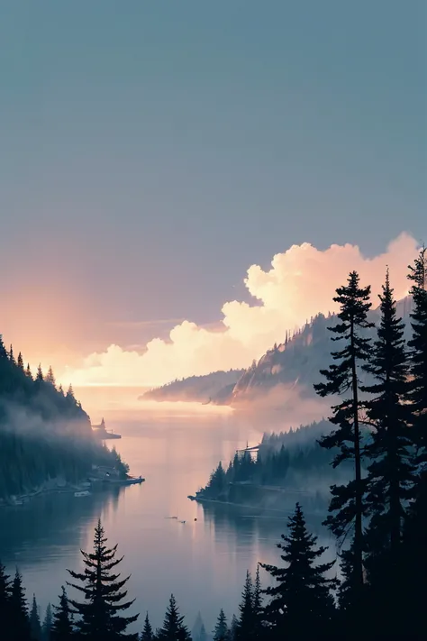 (best quality, detailed, intricate), high contrast, a fjord in summer, landscape, fog, tall spruce trees, backlighting, <lora:add_detail:0.5>