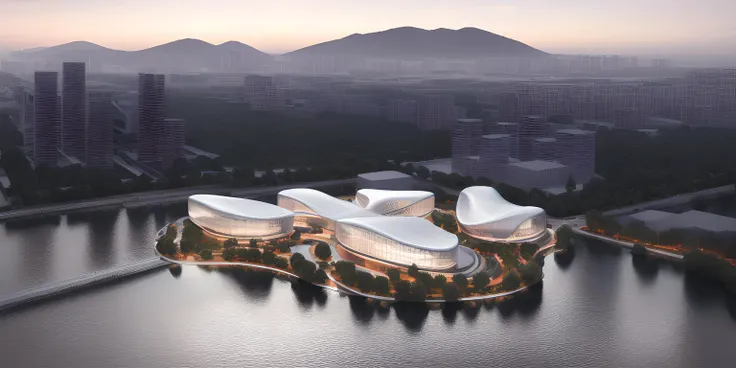 a rendering of a futuristic building with a large body of water