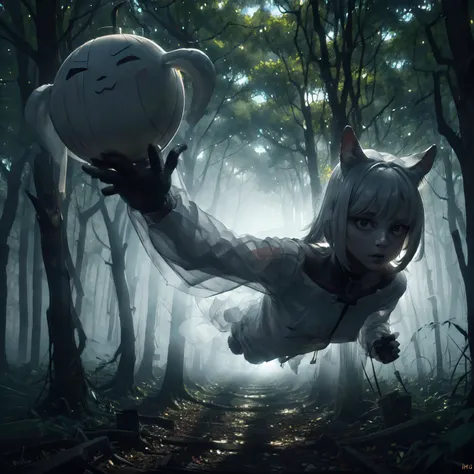 anime girl in white dress flying through the air with a cat balloon