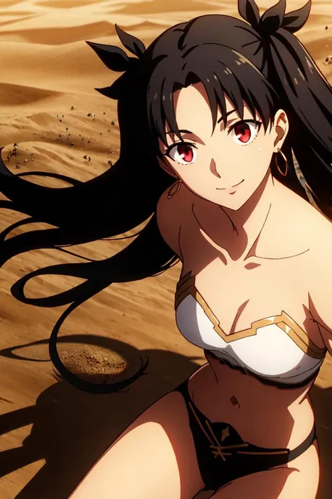 1girl,cowboy shot, solo, <lora:IshtarV2:0.9>, ishtar (fate), black hair, long hair, red eyes, twintails, smile, 
flying, midair, 
wind, sand, sunlight, desert, multicolored background, <lora:add_detail:0.2>, <lora:outline:0.3>,  
<lyco:Ufussy:0.5>, weird a...