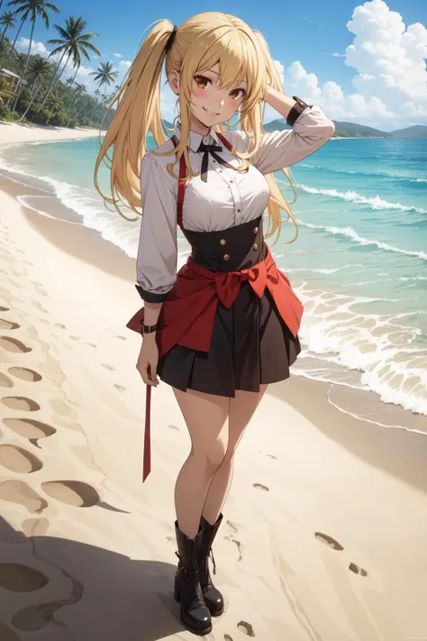 masterpiece, best quality, 1girl, solo, saotome mary, twintails, blonde hair, brown eyes, <lora:Kizuki - Kakegurui Saotome Mary LoRA:0.5>, evil smile, full body, beach