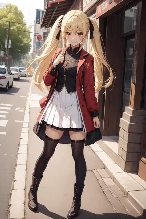 masterpiece, best quality, 1girl, solo, saotome mary, twintails, blonde hair, brown eyes, <lora:Kizuki - Kakegurui Saotome Mary LoRA:0.5>, evil smile, full body, outdoors