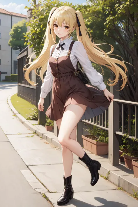 masterpiece, best quality, 1girl, solo, saotome mary, twintails, blonde hair, brown eyes, <lora:Kizuki - Kakegurui Saotome Mary LoRA:0.5>, evil smile, full body, outdoors