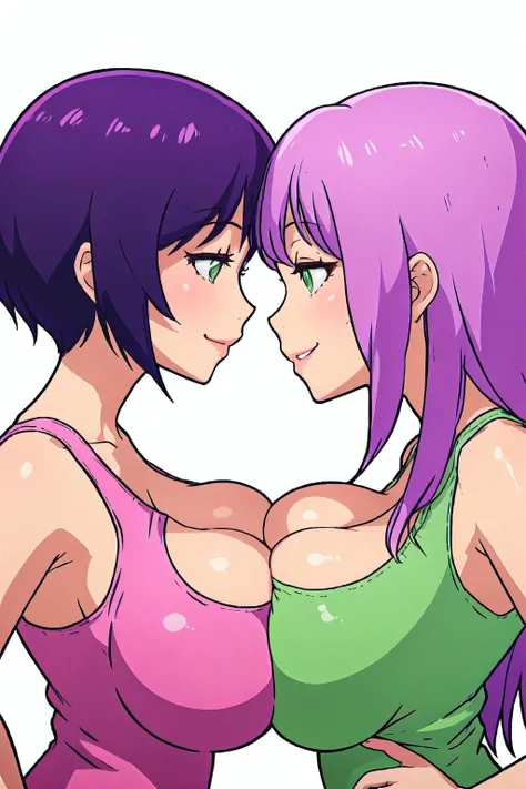 breasts, multiple girls, 2girls, breast press, purple hair, long hair, looking at another, green eyes, eye contact, large breasts, smile, face-to-face, symmetrical docking, tank top, asymmetrical docking, white background, brown eyes, simple background, hu...