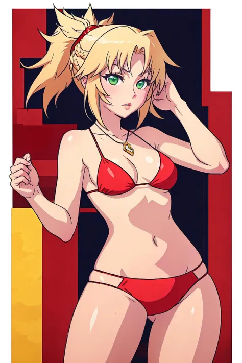 <lyco:ManyakisStyle-step00001800:1.0>, <lora:Mordred:0.8>, mordred (fate), blonde hair, green eyes, ponytail, red bikini, cowboy shot, contrapposto