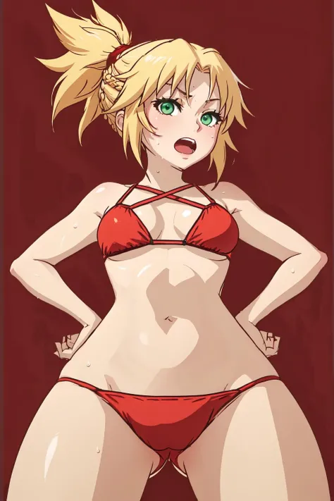 <lora:Mordred:1>, mordred (fate), green eyes, blonde hair, ponytail, red bikini, simple background, green background, hands on hips, looking at viewer, open mouth, from below, abs, sweat, <lyco:ManyakisStylev2:1>