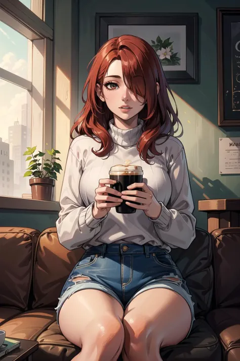 (masterpiece, top quality, best quality, official art, beautiful and aesthetic:1.2), 1girl, long red hair, (hair covering one eye), brown eyes, drinking coffee in a cafe, sitting, sweater, denim shorts, volumetric lighting, perfect lighting, ultra high qua...