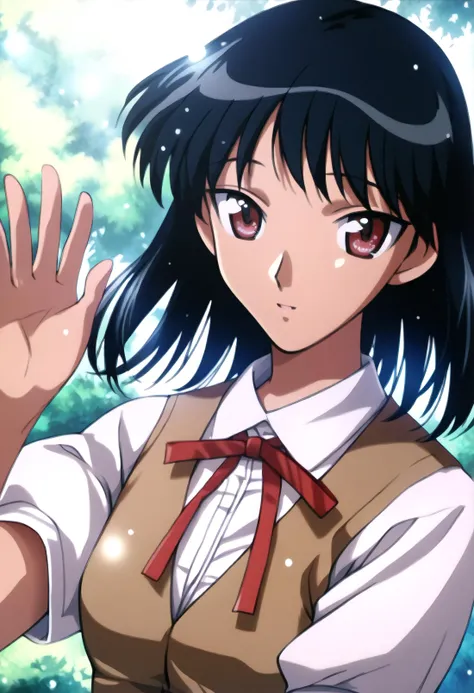 <lora:tsukamoto_yakumo_ponyxl_dora_v4:1>, tyakumo, medium hair, solo, waving, looking at viewer, upper body,
school uniform, bro...