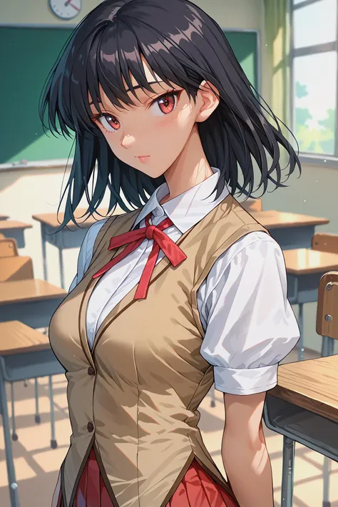 score_9, score_8_up, score_7_up, upper body, vest, black hair,
1girl, solo, tyakumo, tyakumo, school uniform, brown vest, white collared shirt, puffy short sleeves, red neck ribbon, red pleated skirt, 
medium breasts, 
classroom,  
blurry background, 
<lor...