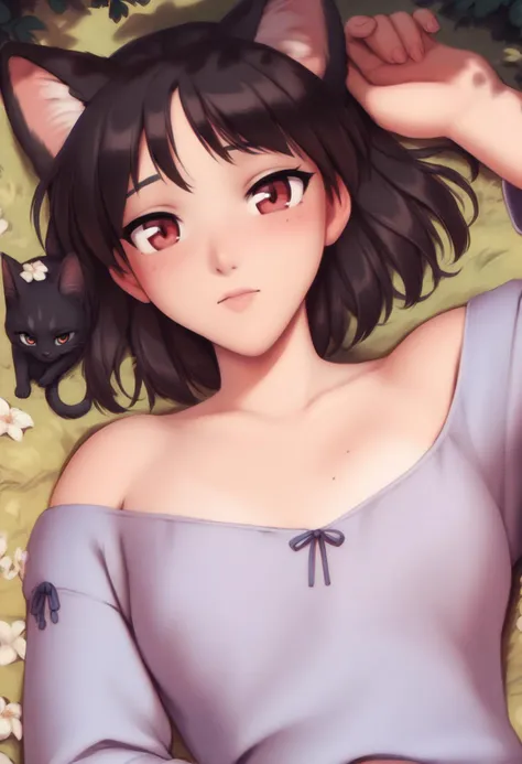 1girl, <lora:tsukamoto_yakumo_ponyxl_dora_v4:1>, tyakumo, black hair, red eyes, bob cut, solo, upper body, looking at cat, lying...