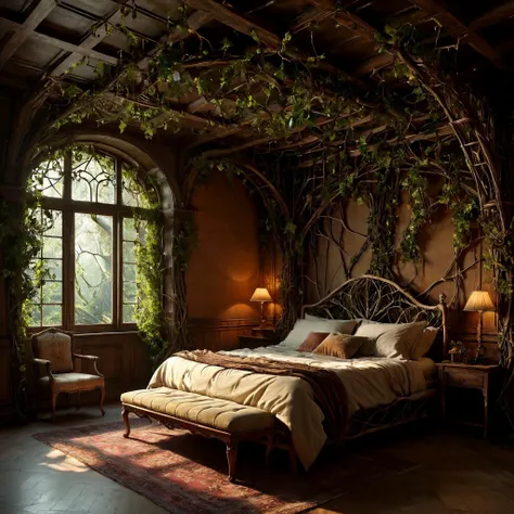 masterpiece, intricate details, 8k, digital art, high quality, highly detailed, cinematic lighting, hyper realistic,

bedroom with old double bed, covered in fractal vines,

<lora:RMSDXL_Enhance:0.4>,
<lora:add-detail-xl:0.6>,
<lora:RMSDXL_Darkness_Cinema:...