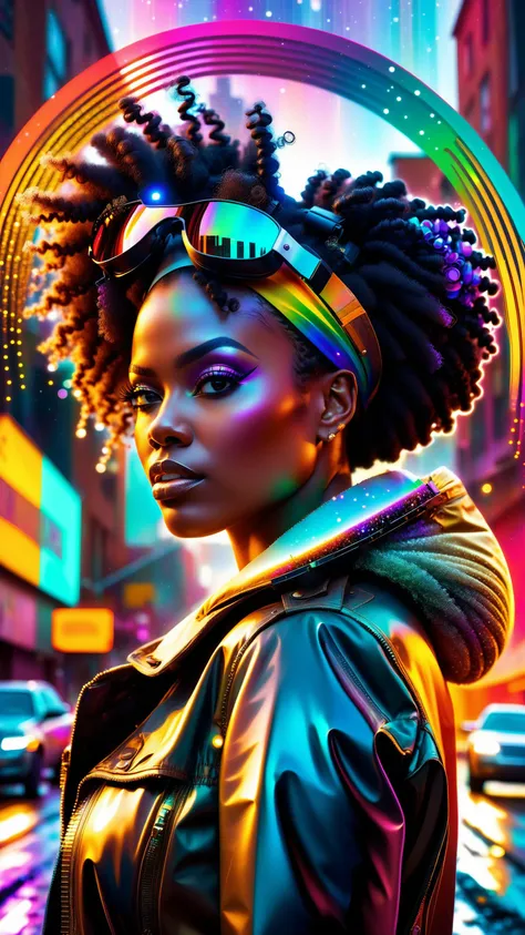 Glitch art of a Post-Apocalyptic, hyper detailed, Evocative curvy Industrial Girlfriend of Hate, Journalist, Afro hair, Tiara, Snowing, Bokeh, Light, Zoom lens, Amber neon hue, rainbow swirl, adobe lightroom, (art by Donald Pass:1.0), (art by Daniela Uhlig...