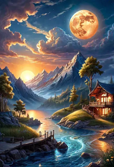 a painting of a cabin on a mountain with a full moon