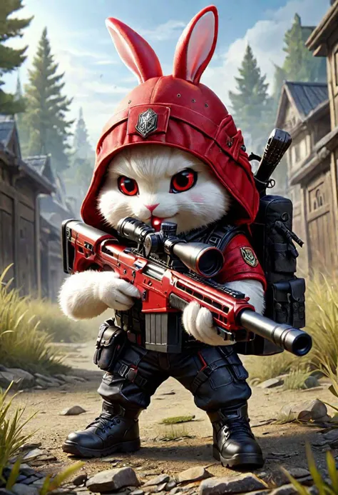 a close up of a cat with a gun in a field