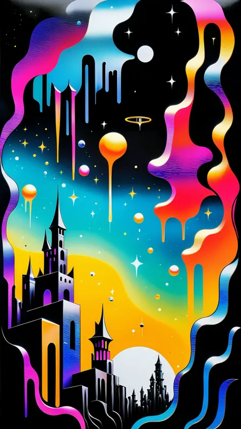 mythical sky city of the celestial gods, negative space, calligraphy handwriting, quixotic hallucination, psychedelic, mystical, intricate details, colorful metal flake ionized chrome metal colors, (vantablack background:1.5), melting, symbolism, very high...