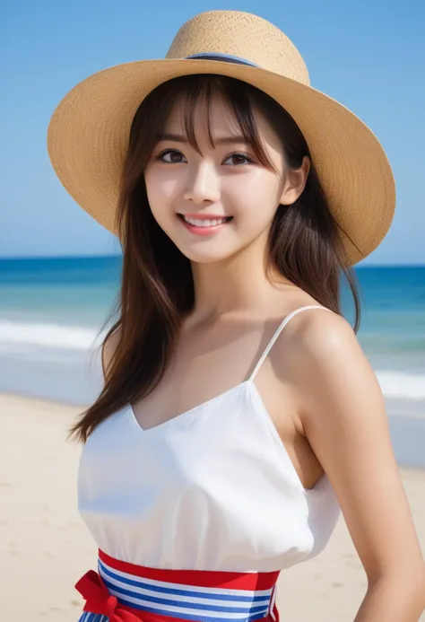 1girl, teen (white camisole dress, straw hat, red sash belt:1.5) (cute,sweet,smile,bare face,big eyes, open mouth:1.4) black hair, straight hair, long hair (cowboy shot, dynamic pause, dynamic angle, walk on sandy beach, blue sky, white cloud, blue sea:1.3...