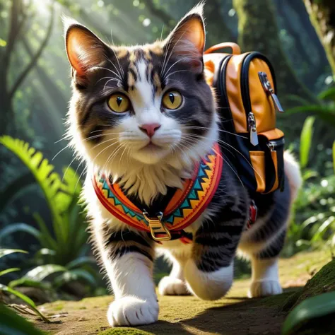 adventurous cute funny cat, carried a mini backpack, walk in wild colorfully jungle Aztec temple , detailed cow cat fur, oversaturated, Pixar, 8k, album art, comic style, golden ratio, perfect composition, a masterpiece, trending on artstation, extreme clo...