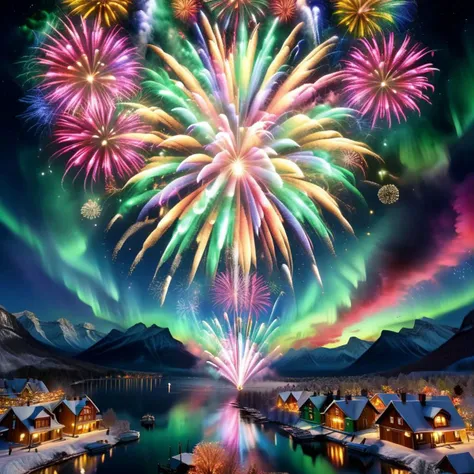 fireworks over a small town with a lake and mountains in the background