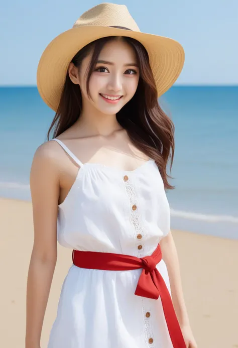 1girl, teen (white camisole dress, straw hat, red sash belt:1.5) (cute,sweet,smile,bare face,big eyes, open mouth:1.4) black hair, straight hair, long hair (cowboy shot, dynamic pause, dynamic angle, walk on sandy beach, blue sky, white cloud, blue sea:1.3...