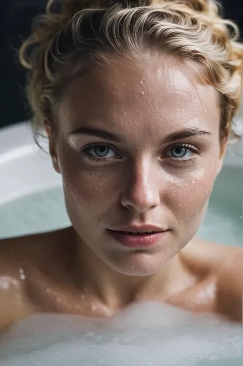 Cropped out face, A up close selfie photo of a 30 year old blonde Sensual european woman enjoying bubble bath, ultra detailed, dramatic, atmospheric,, (freckles:0.7), looking intensive at viever