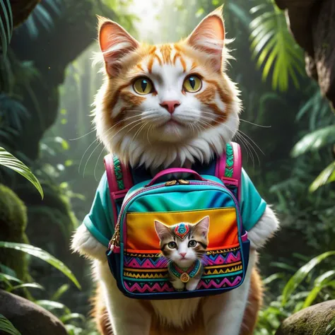 adventurous cute funny cat, carried a mini backpack, walk in wild colorfully jungle Aztec temple , detailed cow cat fur, oversaturated, Pixar, 8k, album art, comic style, golden ratio, perfect composition, a masterpiece, trending on artstation, extreme clo...