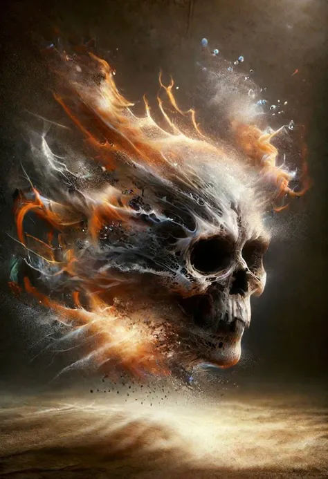 a skull with fire and smoke flying out of it