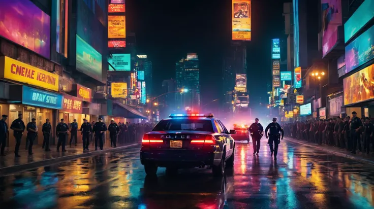 (((cinematically-realistic-perfect))) (movie-action-scene, police-chase, night, colorful-lights, reflections, advertisement, people watching the scene)