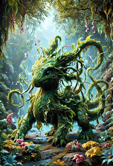 a painting of a green creature in a forest with flowers