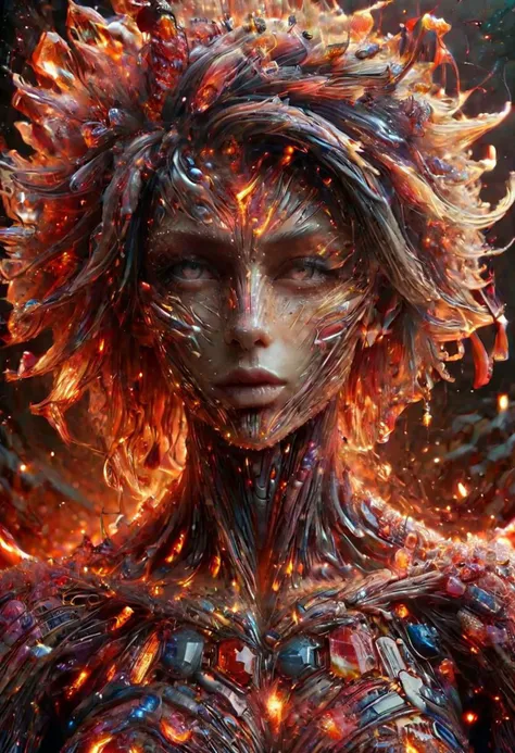 a woman with fire and flames on her face