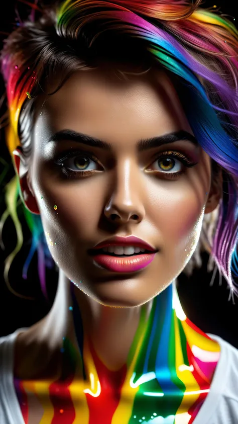 a close up of a woman with a rainbow painted face