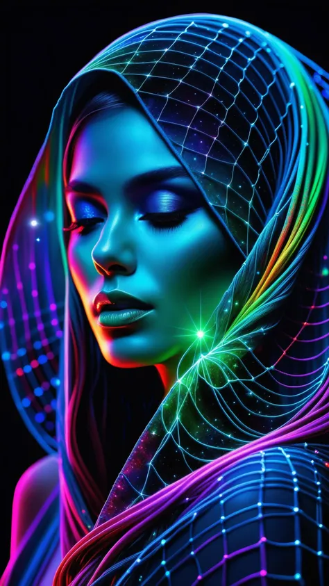 a woman with a veil and glowing lights on her head