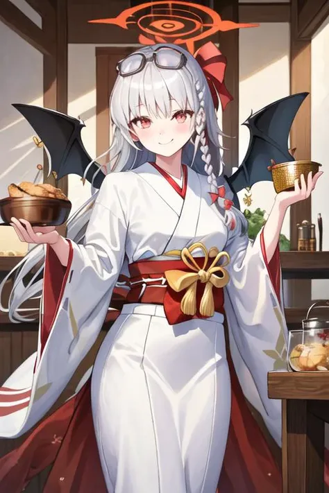 best quality, masterpiece, highres, solo, {white kimono:1.35}, {red hakama:1.35}, {wide sleeves:1.20}, {haruna_bluearchive:1.15}, red_eyes, halo, braid, smile, wings, bangs, long_hair, grey_hair, blush, breasts, bow, white_hair, hair_bow