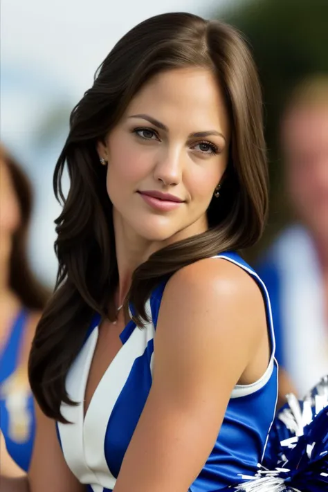 a photograph of brunette (LylaGarrity:0.99), Wearing a blue and white (cheerleaders vest:1.2) with a (blue ribbon in her hair:1.2), (tight hairbun:1.1), with a stadium in the background, (lips:0.553992509841919),(portrait:0.4834848940372467),(brown hair:0....