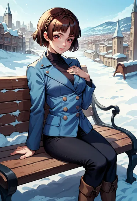 anime girl sitting on a bench in the snow with a city in the background