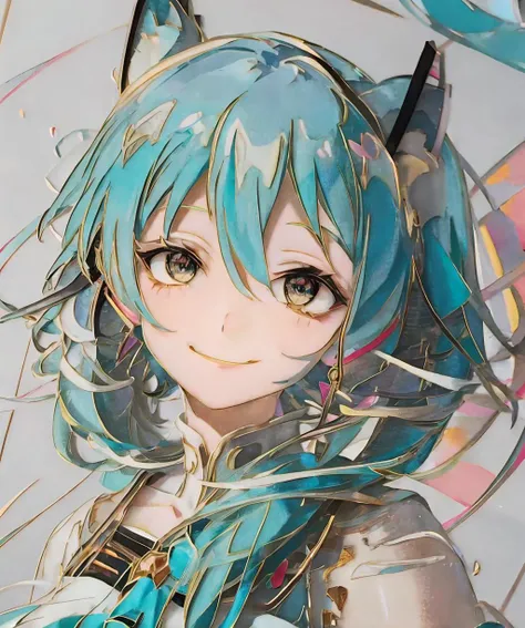 anime girl with blue hair and a blue dress with a cat ear