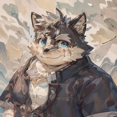 (best quality, good quality:1.2),(moritaka),canid,delicated face,scars,cute,shy,smile,blue eyes,looking at viewer,(portrait),sha...