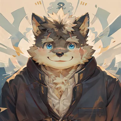 (best quality, good quality:1.2),(moritaka),canid,delicated face,scars,cute,shy,smile,blue eyes,looking at viewer,(portrait),sha...