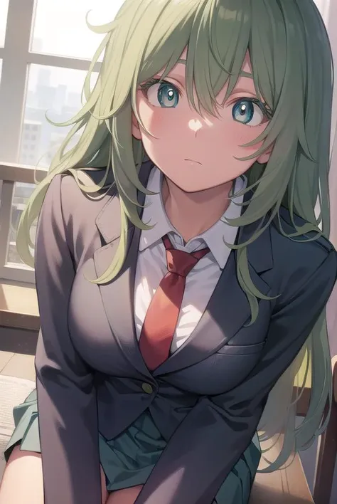 anime girl with green hair and a red tie sitting on a chair