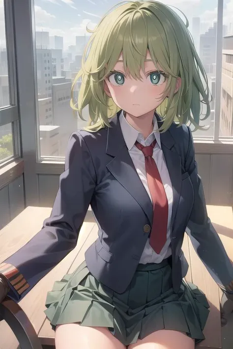 anime girl sitting on a chair in a room with a window