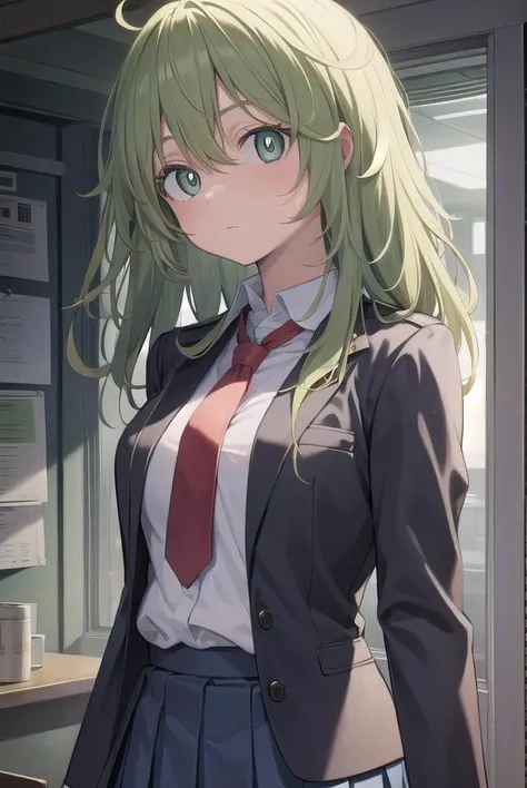 anime girl in a school uniform standing in front of a window