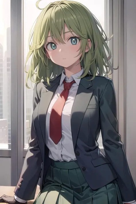 anime girl in a suit and tie sitting by a window