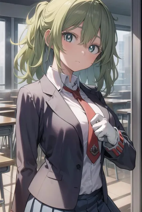 anime girl in uniform posing in a classroom with a window