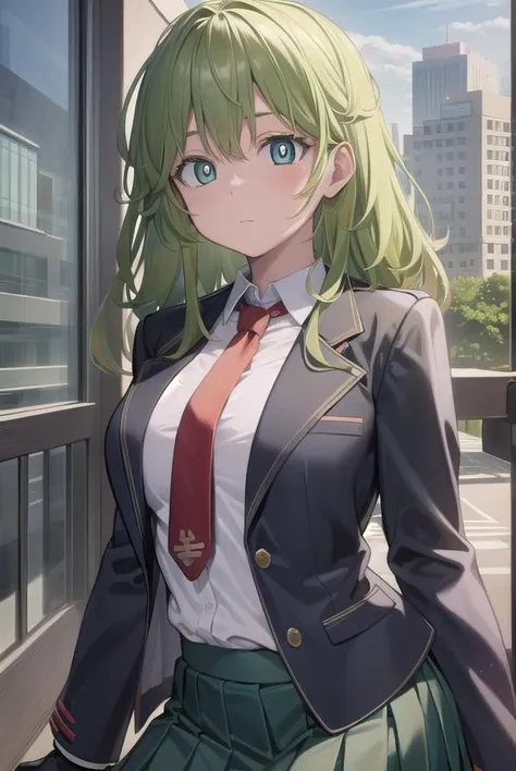 anime girl in uniform standing in front of a window with a city view