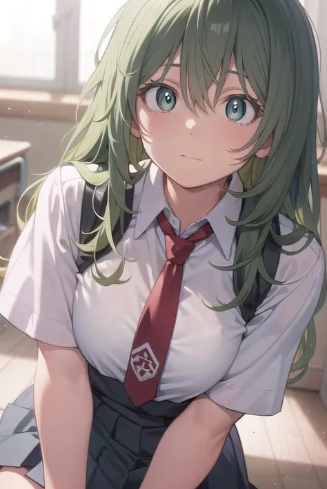 anime girl with green hair and a red tie sitting on a desk