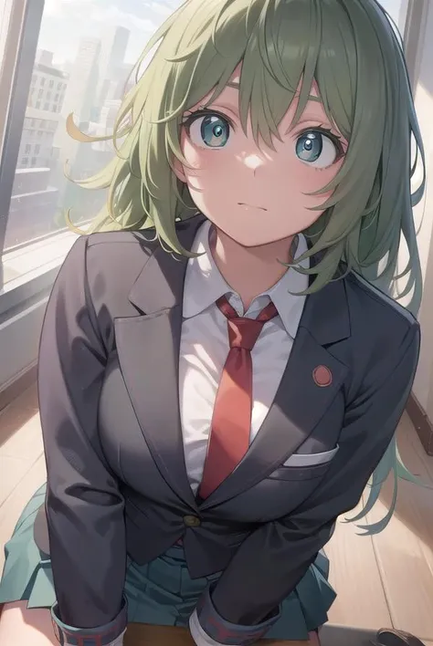 anime girl with green hair and blue eyes sitting on a chair