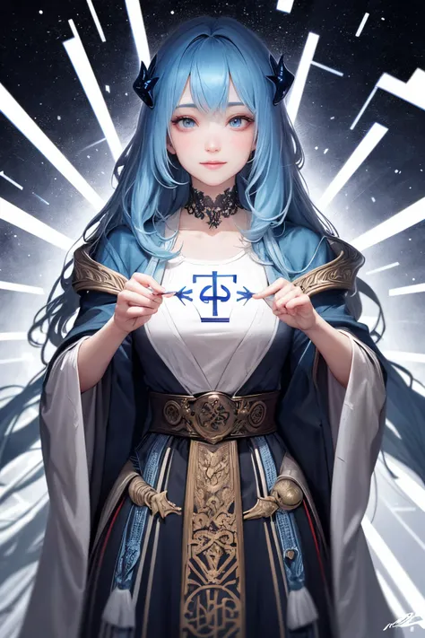 a woman with blue hair and a white shirt holding a sword