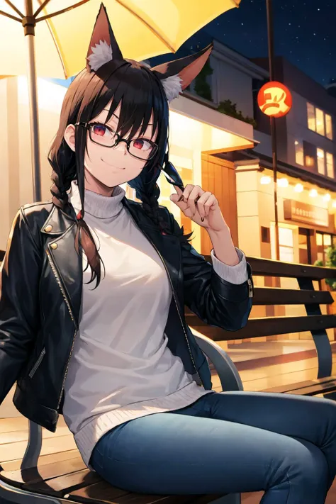 1girl, solo, sidelocks, twinbraids, black hair, red eyes, smug, smirk, glasses, sitting, bench, partk, at night, long hair, white sweater,( leather jacket, black jacket:1.2), fox girl, fox ears, fox tail, jeans, black tail, skindentation,  <lora:Oekakizuki...