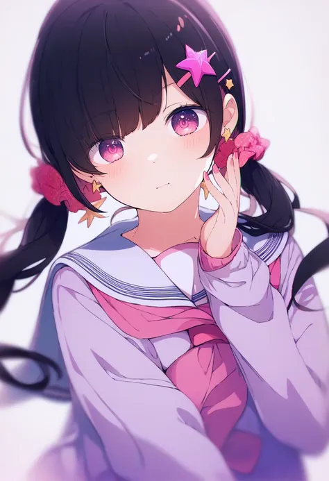 anime girl with long black hair and pink star in her hair